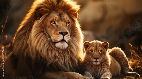 Majestic African lion couple loving pride. Generative AI. © ProVector