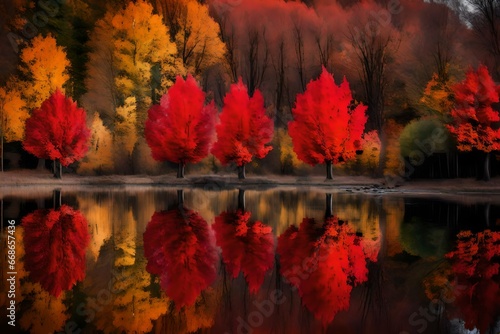 Red leaves on trees along the river in autumn
