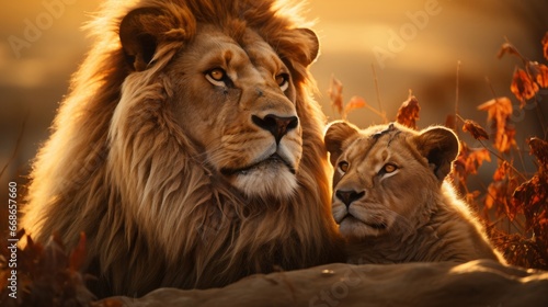 Majestic African lion couple loving pride. Generative AI. © ProVector