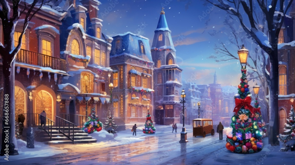Snow-covered city street, festive townhouses with balcony decorations, illuminated lamp posts and decorated Christmas tree. Winter holiday in urban setting.