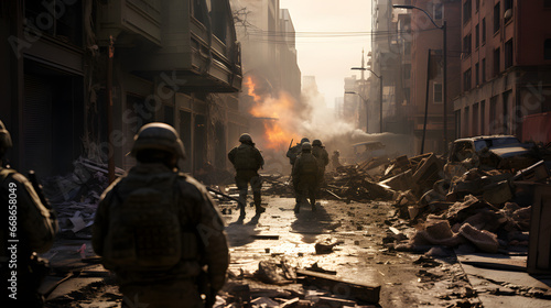 tropas de guerra entrando en zona de conflicto photo