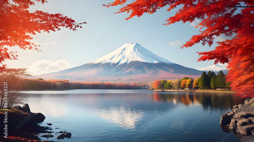 Mountain fuji with autumn leaves, Japan nature, spring