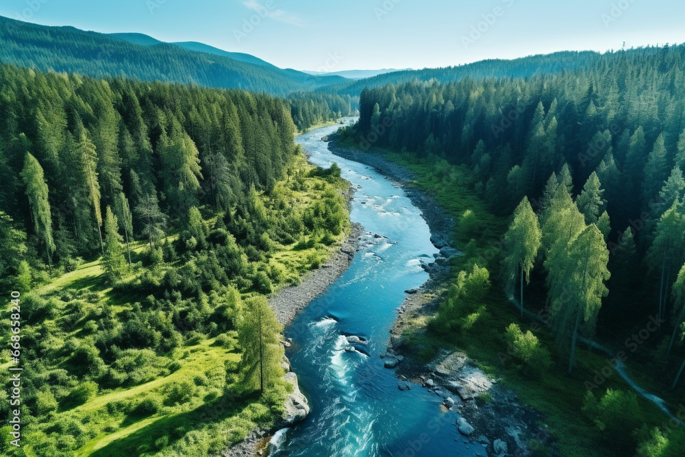 Top view of blue river in the green forest. Top view of blue river in the green forest.