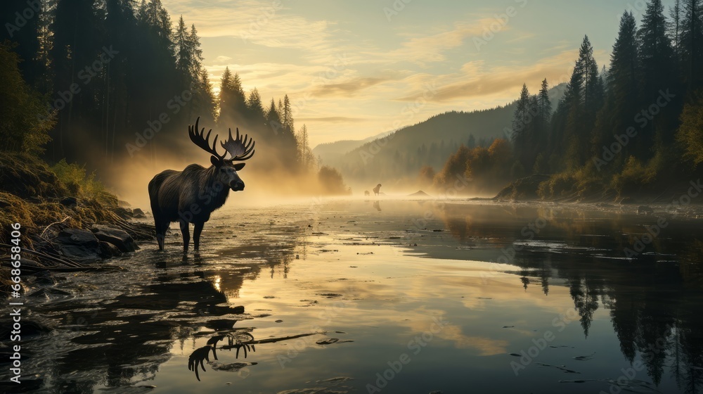 Moose on water near forest at misty morning. Generative AI. Moose on water near forest at misty morning. Generative AI.