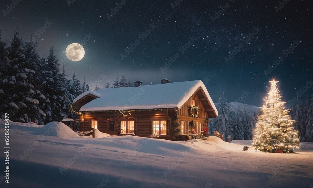 A cozy winter landscape with bright houses in the snow. Glowing Christmas tree and fireworks