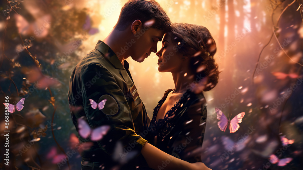 Soldier holds his beloved girl tightly, loving couple surrounded by fluttering butterflies on nature background, joy of soldier reuniting alive from war, loving family reunion after horrors of war Soldier holds his beloved girl tightly, loving couple surrounded by fluttering butterflies on nature background, joy of soldier reuniting alive from war, loving family reunion after horrors of war
