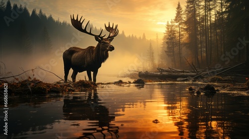 Moose on water near forest at misty morning. Generative AI.