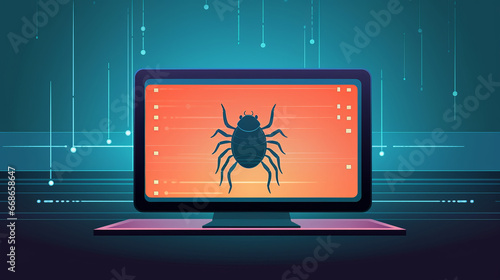 Computer bug on laptop screen symbolizing threat of software bugs and elusive nature of zero day vulnerabilities in software security, critical bug in computer software photo