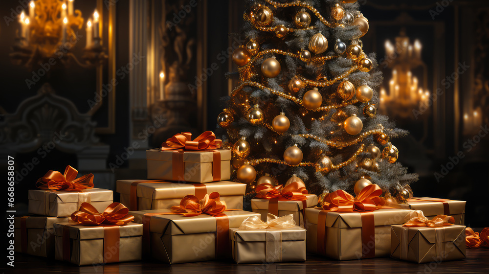 Christmas tree with gifts in a luxurious interior.