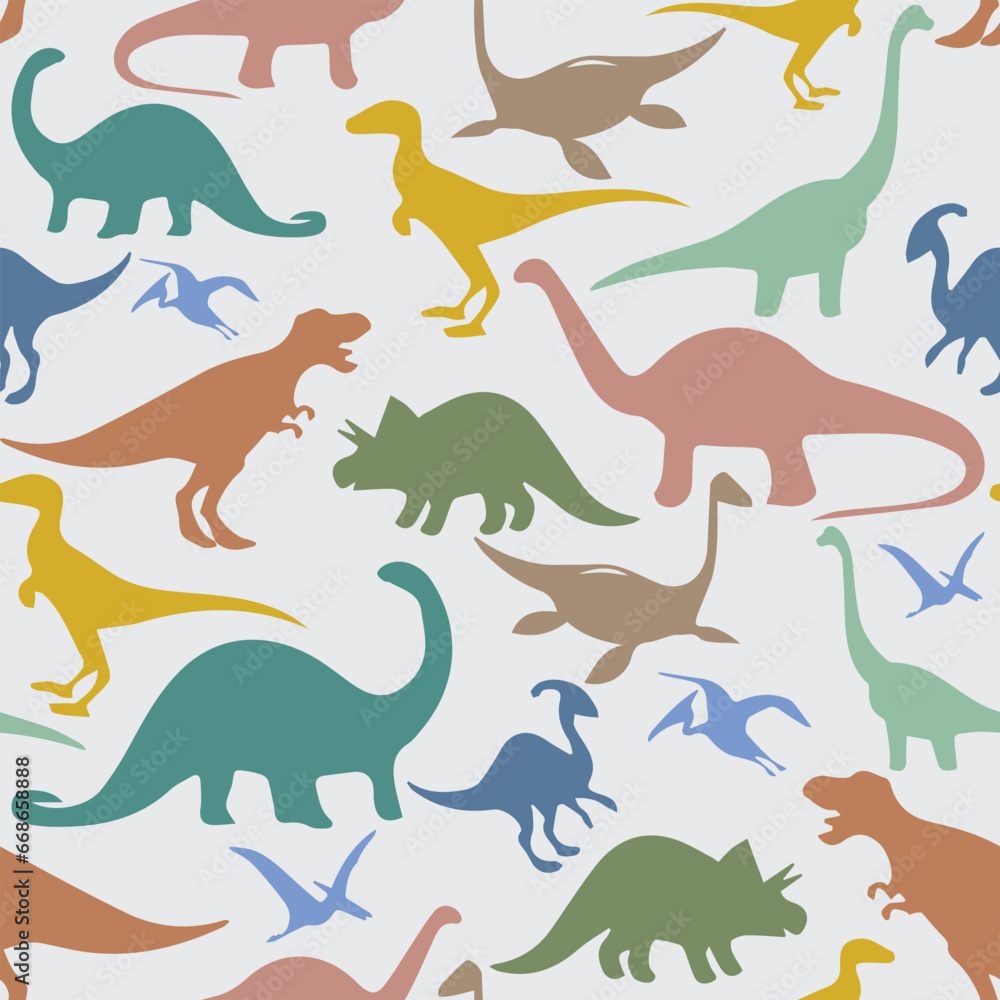 Naklejka premium Dino. Seamless pattern with colorful dinosaurs silhouettes