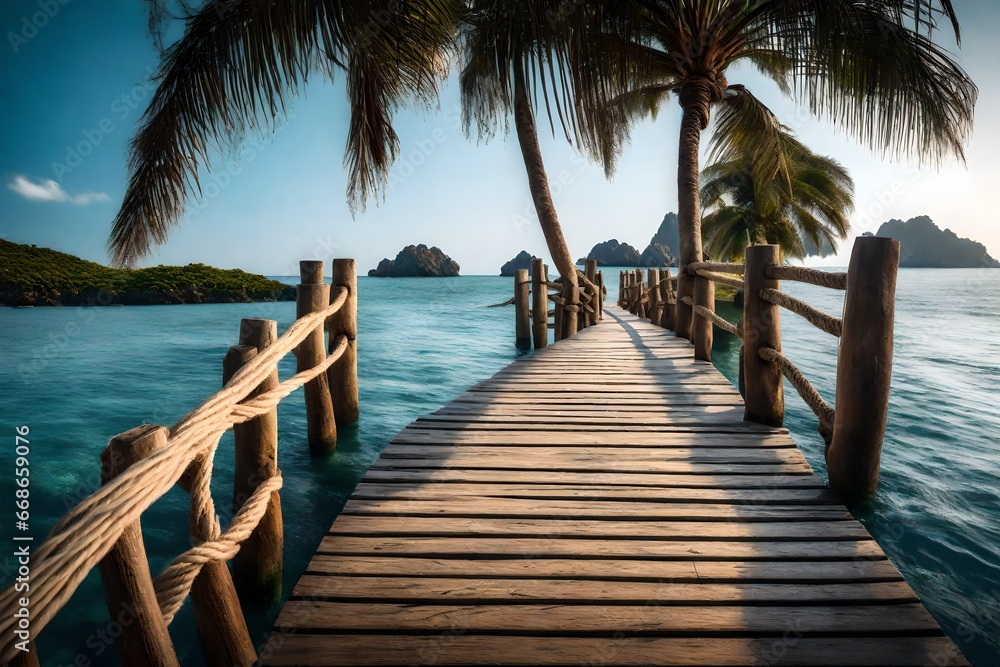 Obraz premium The wooden bridge overlooking the sea leads to an island with palm trees. It's a rope bridge