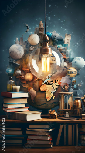 Education and Intelligence Collage with Global Travel Theme, bulb, light, map,Generated Ai