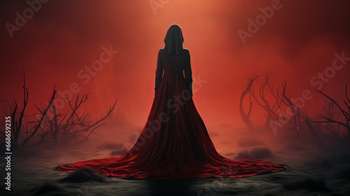 Witch in a red dress, practicing magic and rituals, red background, place for copy space. Concept: Night of the Witch or All Hallows' Eve. Concept: mysticism, game characters, Halloween.