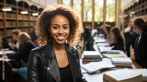Portrait of African American student smiling at camera while reading book in library. Multiethnic group of students sitting in a library and studying together. 