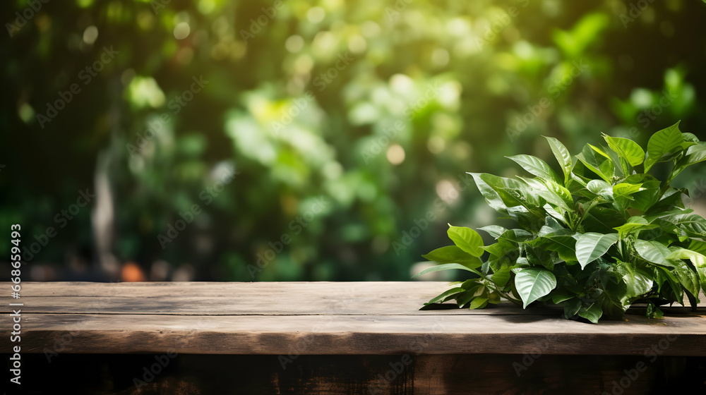 Beautiful Spring Background with Green lush young foliage and an empty wooden table outdoors,Generated Ai Beautiful Spring Background with Green lush young foliage and an empty wooden table outdoors,Generated Ai