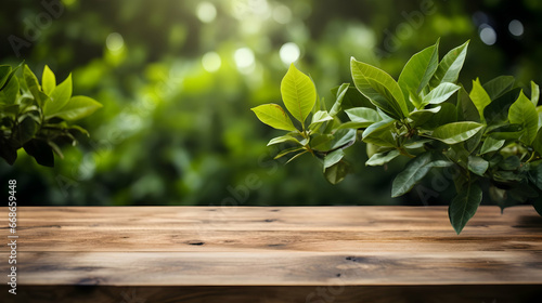 Beautiful Spring Background with Green lush young foliage and an empty wooden table outdoors Generated Ai