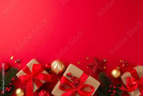 Embrace the New Year with the gift of mindfulness. Top view flat lay of gift boxes, fir twigs, christmas balls, gold stars on red background with advert space