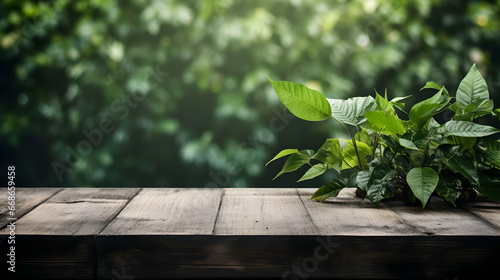 Beautiful Spring Background with Green lush young foliage and an empty wooden table outdoors Generated Ai