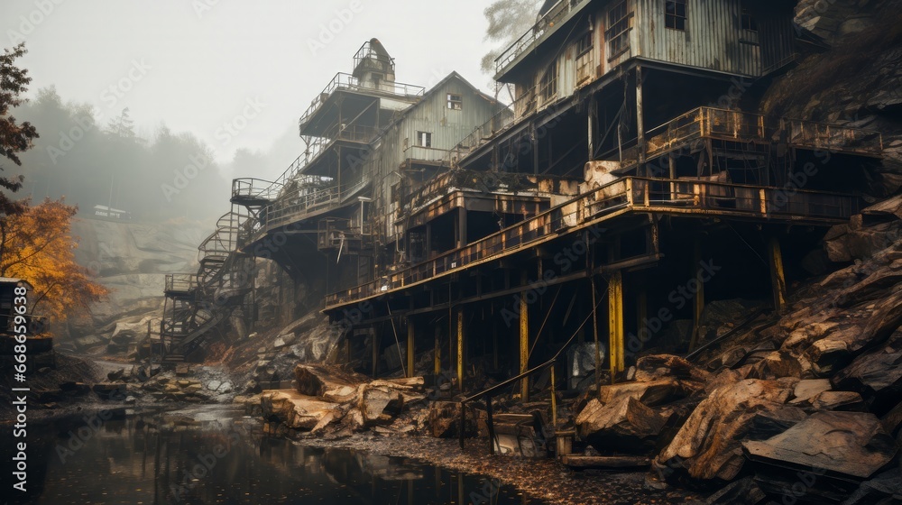 Old abandoned coal mine. Generative AI.