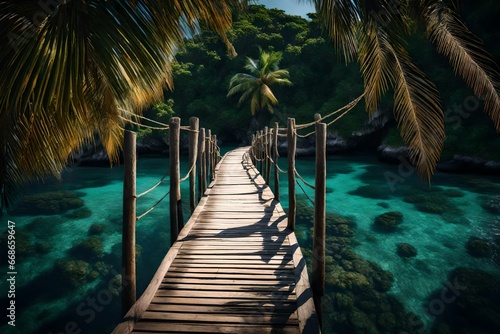 The wooden bridge overlooking the sea leads to an island with palm trees. It's a rope bridge photo