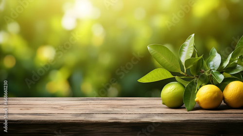 Empty Wooden Table with free space over green lemons on tree in garden,Generated Ai