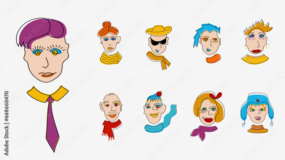 Fototapeta premium Comic abstract human faces set. Hand-drawn characters vector illustration. Every element you can use separately