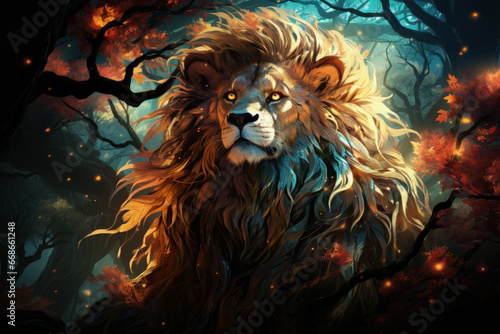 A mesmerizing Transvaal Lion emerging from a moonlit forest, the ethereal glow of the night adding an air of enchantment, Generative Ai © sukumarbd4