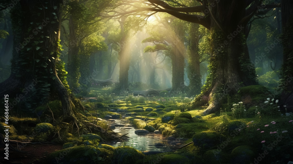 A magical forest illuminated by rays of sunlight filtering through the dense foliage, creating a mystical and ethereal atmosphere. Magical forest with mystic atmosphere. Beams of sunlight coming throu