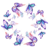 A wreath depicting morpho butterflies with pink-orange and purple wings. Beautiful exotic insects. Watercolor illustration on a white background.