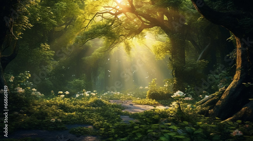 A magical forest illuminated by rays of sunlight filtering through the dense foliage  creating a mystical and ethereal atmosphere. Magical forest with mystic atmosphere. Beams of sunlight coming throu