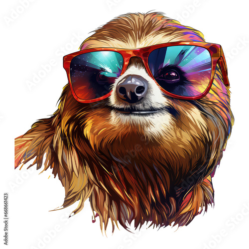 happy sloth wearing sunglasses on transparent background