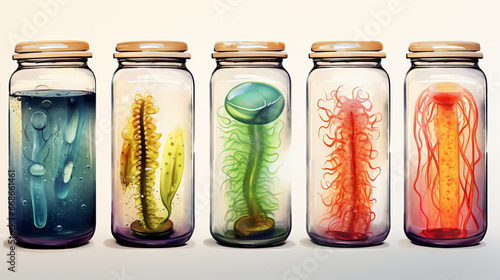 bacteria in transparent jars. generative AI photo