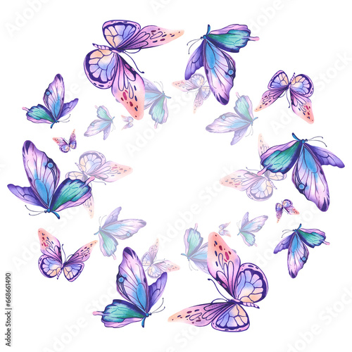 A wreath depicting morpho butterflies with pink-orange and purple wings. Beautiful exotic insects. Watercolor illustration on a white background.