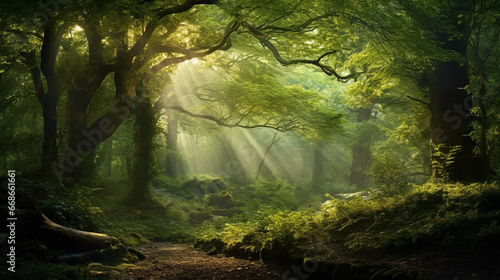 A magical forest illuminated by rays of sunlight filtering through the dense foliage, creating a mystical and ethereal atmosphere. Magical forest with mystic atmosphere. Beams of sunlight coming throu