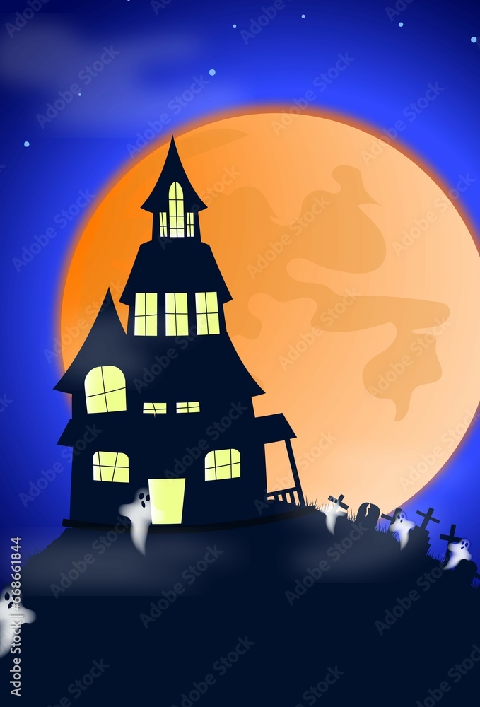Illustration for Halloween, Baba Yaga's house on the mountain near the cemetery in the full moon.