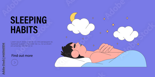 Sleeping behavior. Modern flat vector illustration. Man sleeping in his bad on a pillow at night. Benefits of good sleeping habit, eight hours normal healthy sleep. People activities concept.
