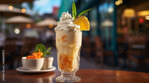 Pina colada in a glass on a bar counter. Generative AI.