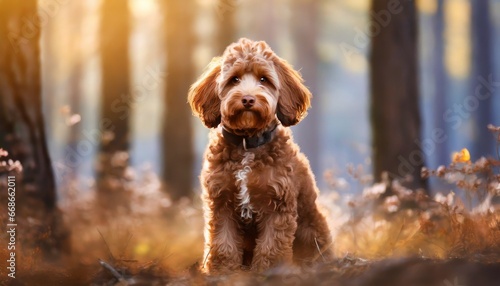 Cute fluffy dog in the forest 