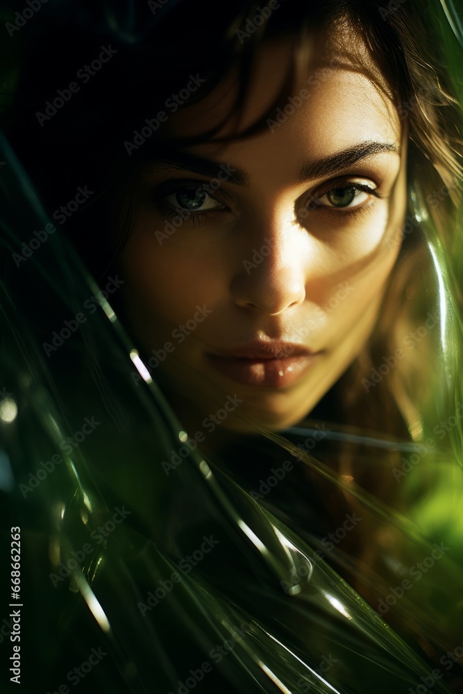 A Woman Embracing the Radiance of a green illumination - Serene documentary art portrait with captivating abstract green lighting of a beautiful woman. A Woman Embracing the Radiance of a green illumination - Serene documentary art portrait with captivating abstract green lighting of a beautiful woman.