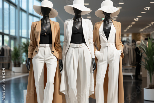 Mannequins in a women's stylish clothing store in white and beige colors