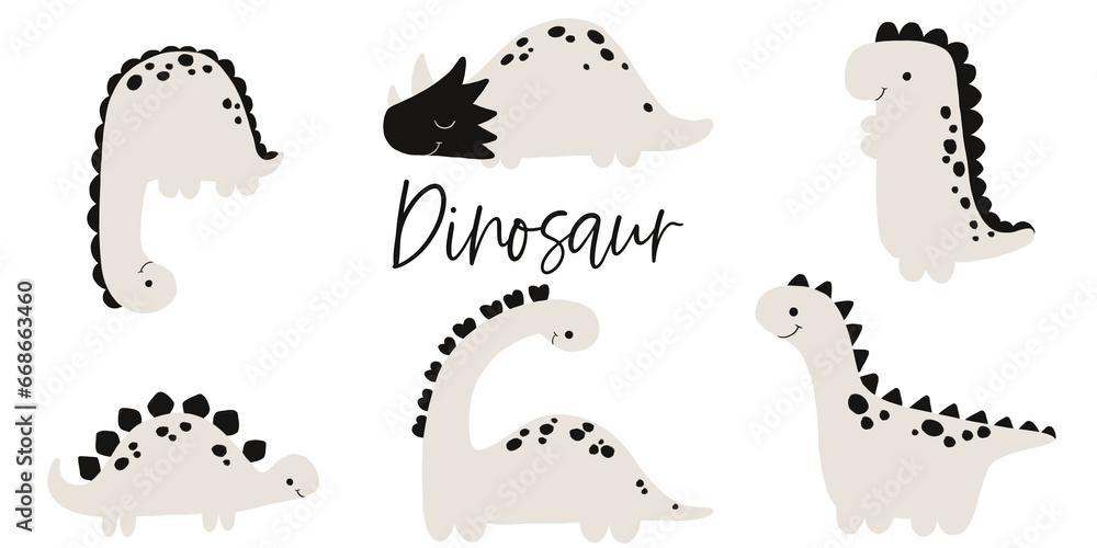 Set with flat black and white dinosaurs, cute dino, childish hand painted simple set with monsters. Cute dragon - obrazy, fototapety, plakaty 