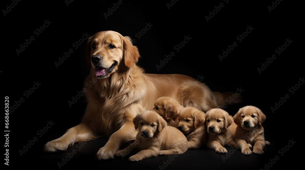 golden retriever dog mother with her puppies