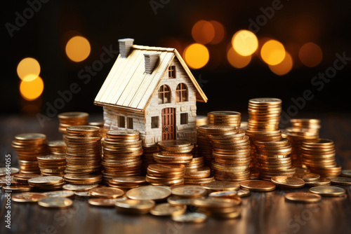 Model of the house is on coins. The concept of lending and mortgages
