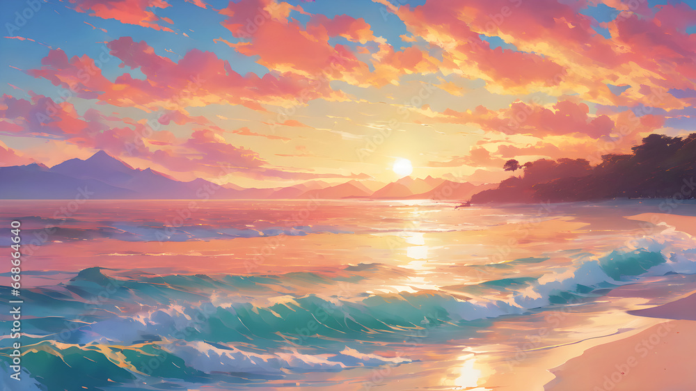 Golden Hour by the Beach: A Beautiful 2D Illustration of a Sunset with Palm Trees, Reflecting on Gentle Waves