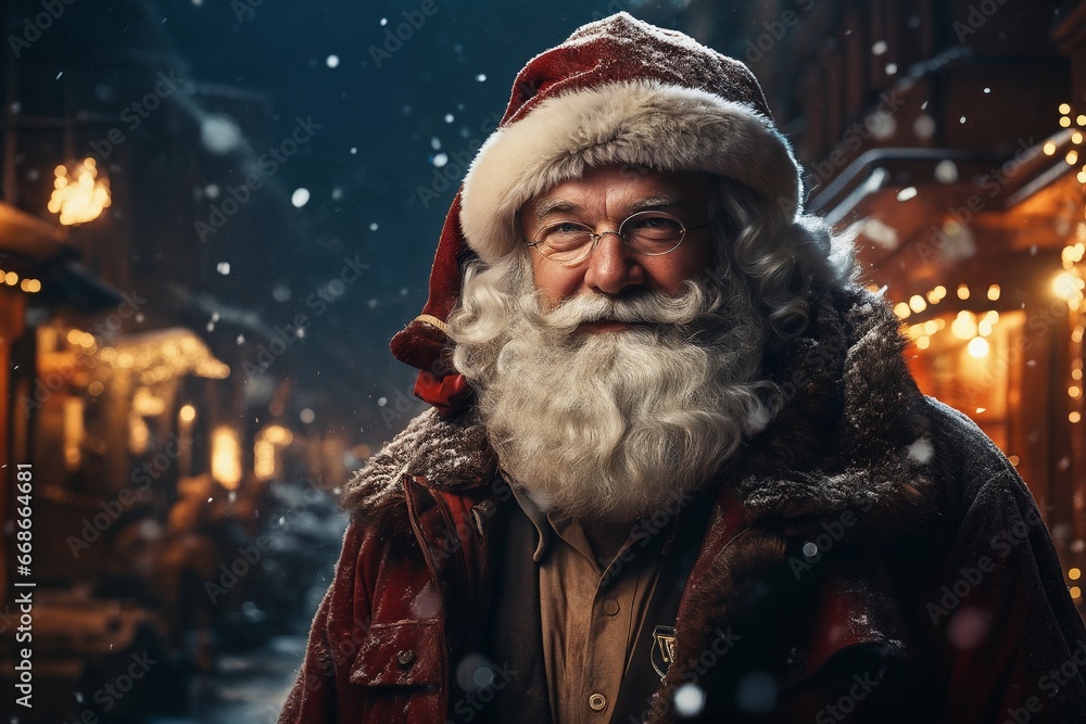 Santa is walking down a city street, winter, snow, holiday decorations Santa is walking down a city street, winter, snow, holiday decorations