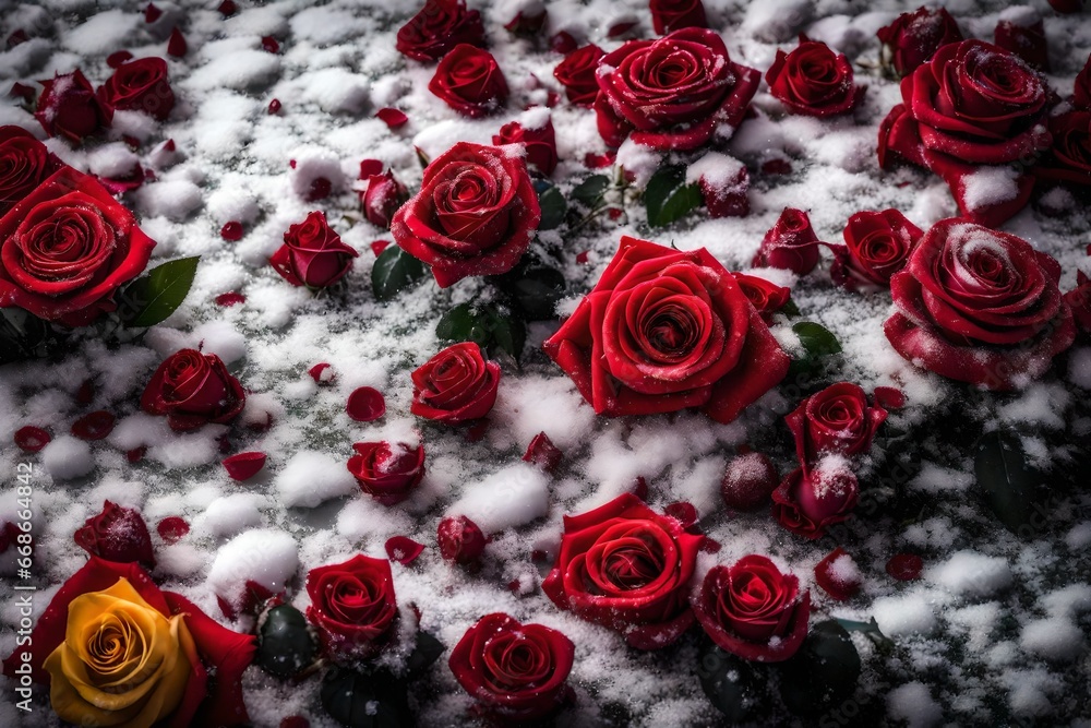 roses in the snow with llight snow faling roses in the snow with llight snow faling