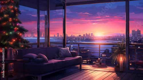 sunset in the city view from a living room with christmas decorations and christmas tree lofi anime cartoon style © M