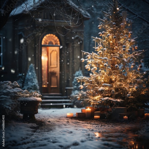 exteriors of the house are decorated for Christmas or New Year s holiday  city street in winter  snow  gifts on the porch  and street lights  a fairy-tale environment