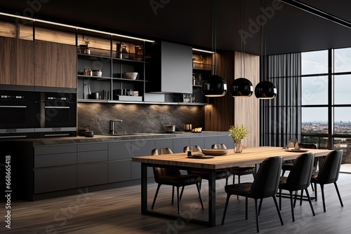 Modern luxury kitchen with black walls and wooden furniture