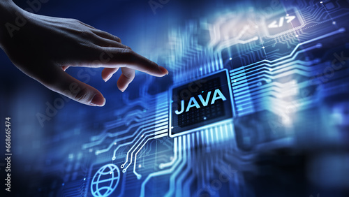 Java programming language application and web development concept on virtual screen.